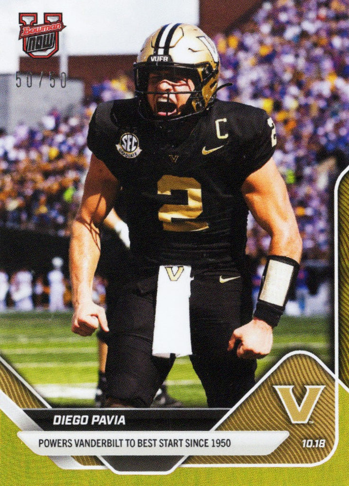 2025 Topps Bowman U Now Diego Pavia #31 Gold Foil /50 Vanderbilt Commodores Rookie RC Football Card (ONLINE ORDER ONLY)