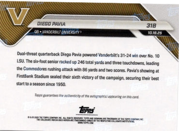 2025 Topps Bowman U Now Diego Pavia #31B Red Auto /5 Vanderbilt Commodores Rookie RC Football Card (ONLINE ORDER ONLY)
