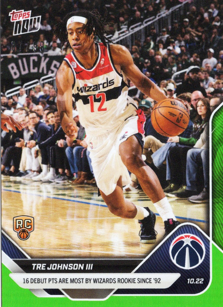 2025 Topps Now Tre Johnson #14 Green Foil /99 Washington Wizards Rookie RC Basketball Card (ONLINE ORDER ONLY)