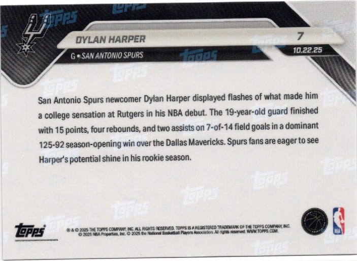 2025 Topps Now Dylan Harper #7 Gold Foil /50 San Antonio Spurs Rookie RC Basketball Card (ONLINE ORDER ONLY)