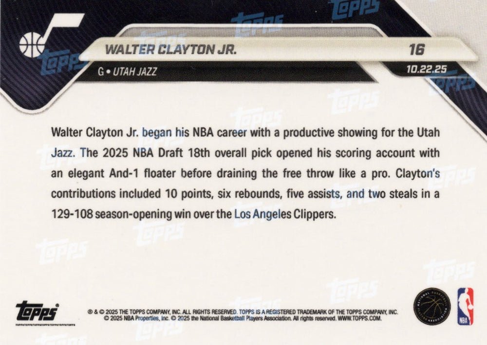 2025 Topps Now Walter Clayton Jr #16 Gold Foil /50 Utah Jazz Rookie RC Basketball Card (ONLINE ORDER ONLY)