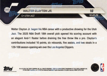 2025 Topps Now Walter Clayton Jr #16 Green Foil /99 Utah Jazz Rookie RC Basketball Card (ONLINE ORDER ONLY)