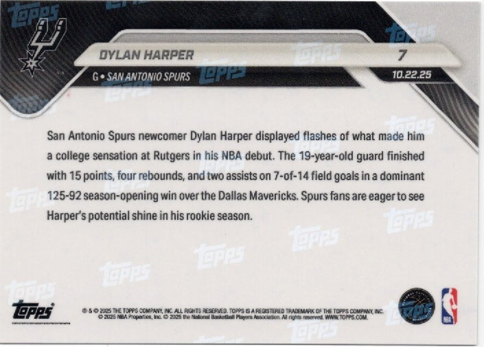 2025 Topps Now Dylan Harper #7 Green Foil /99 San Antonio Spurs Rookie RC Basketball Card (ONLINE ORDER ONLY)