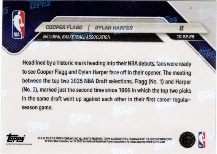 2025 Topps Now Cooper Flagg/Dylan Harper #8 Green Foil /99 Rookie RC Basketball Card (ONLINE ORDER ONLY)