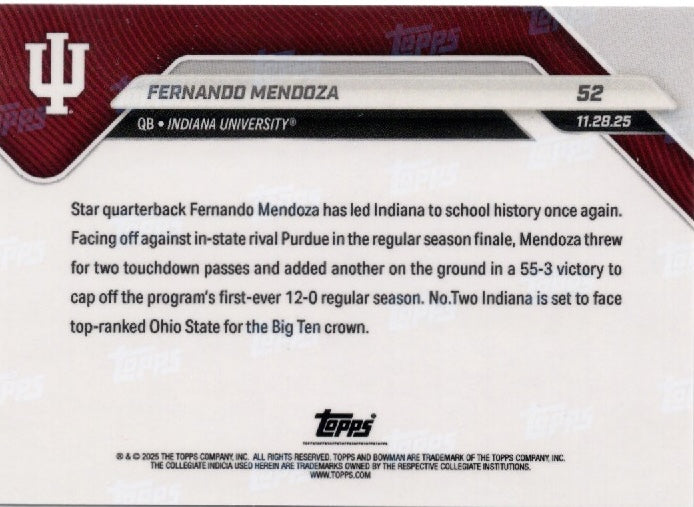 2025 Topps Bowman U Now Fernando Mendoza #52 Orange Foil /25 Indiana Hoosiers Rookie RC Football Card (ONLINE ORDER ONLY)