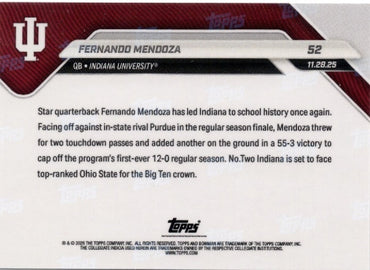 2025 Topps Bowman U Now Fernando Mendoza #52 Orange Foil /25 Indiana Hoosiers Rookie RC Football Card (ONLINE ORDER ONLY)