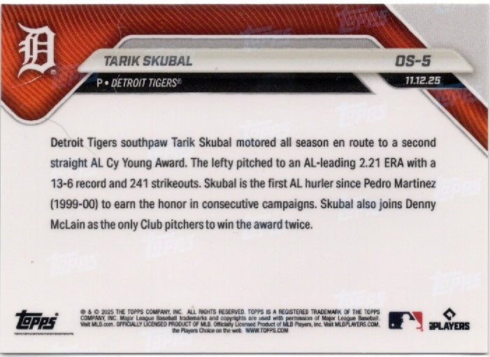 2025 Topps Now Tarik Skubal #OS5 Gold Foil /50 Detroit Tigers Baseball Card (ONLINE ORDER ONLY)