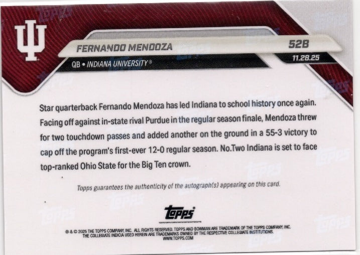 2025 Topps Bowman U Now Fernando Mendoza #52B Red Auto /5 Indiana Hoosiers Rookie RC Football Card (ONLINE ORDER ONLY)