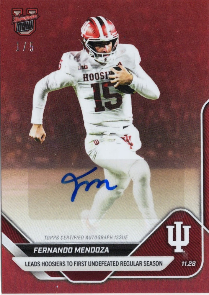 2025 Topps Bowman U Now Fernando Mendoza #52B Red Auto /5 Indiana Hoosiers Rookie RC Football Card (ONLINE ORDER ONLY)