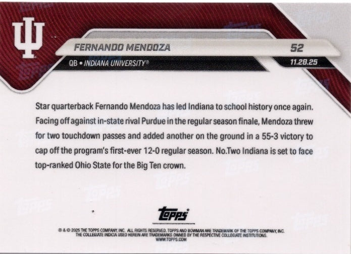 2025 Topps Bowman U Now Fernando Mendoza #52 FoilFractor 1/1 Indiana Hoosiers Rookie RC Football Card (ONLINE ORDER ONLY)