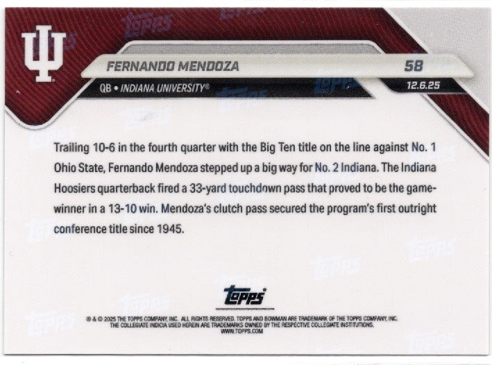 2025 Topps Bowman U Now Fernando Mendoza #58 Black Foil /10 Indiana Hoosiers Rookie RC Football Card (ONLINE ORDER ONLY)