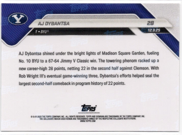 2025 Topps Bowman U Now AJ Dybantsa #28 Gold Foil /50 BYU Cougars Rookie RC Basketball Card (ONLINE ORDER ONLY)