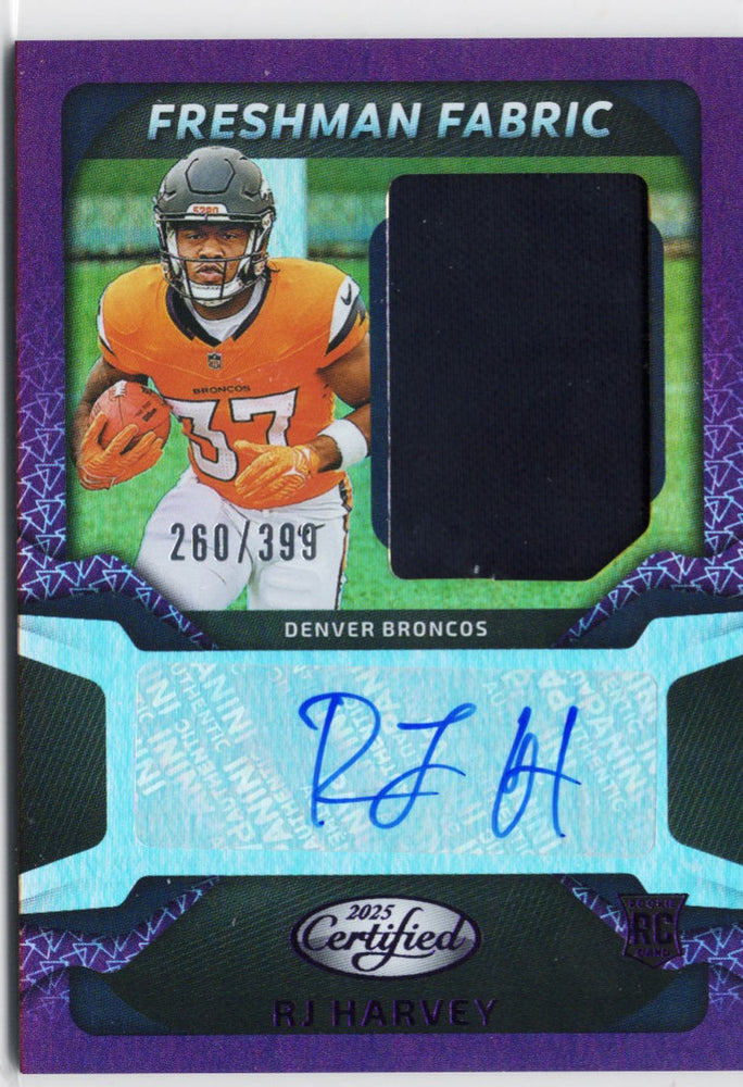 2025 Panini Certified RJ Harvey #FBCRHY Freshman Fabric Patch Purple Auto /399 Denver Broncos RC Rookie Football Card (ONLINE ORDER ONLY)