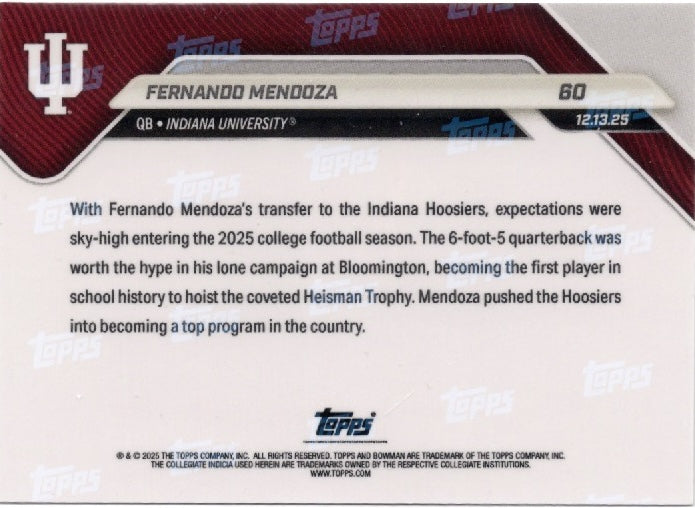 2025 Topps Bowman U Now Fernando Mendoza #60 Gold Foil /50 Indiana Hoosiers Rookie RC Football Card (ONLINE ORDER ONLY)