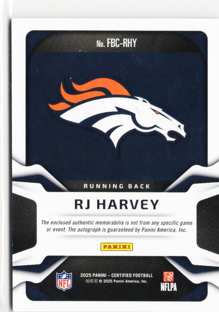 2025 Panini Certified RJ Harvey #FBCRHY Freshman Fabric Patch Auto /499 Denver Broncos RC Rookie Football Card (ONLINE ORDER ONLY)