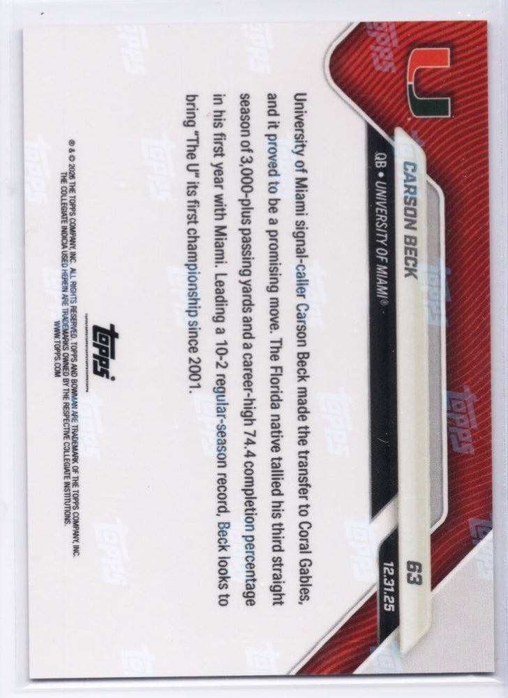 2025 Topps Bowman U Now Carson Beck #63 Orange Foil /25 Miami Hurricanes Rookie RC Football Card (ONLINE ORDER ONLY)