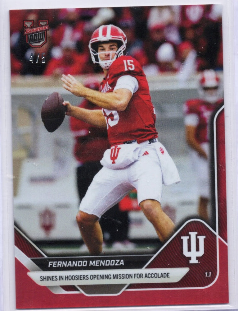 2025 Topps Bowman U Now Fernando Mendoza #64 Red Foil /5 Indiana Hoosiers Rookie RC Football Card (ONLINE ORDER ONLY)