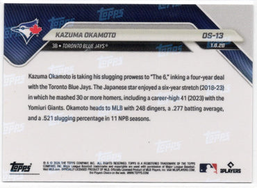 2025 Topps Now Kazuma Okamoto #OS13 Gold Foil /50 Toronto Blue Jays Rookie RC Baseball Card (ONLINE ORDER ONLY)