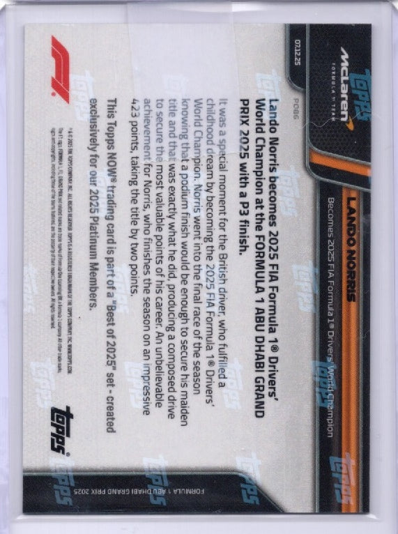 2025 Topps Now F1 Lando Norris #P086 Platinum Member McLaren Team Racing Card