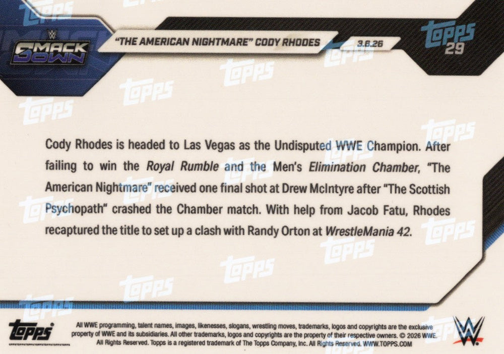 2026 Topps Now WWE Cody Rhodes #29 Black Foil /10 Wrestling Card