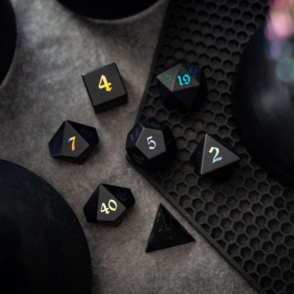 Inked Black Night Raised Obsidian Hand Carved Dice DND Set (ONLINE ORDER ONLY)