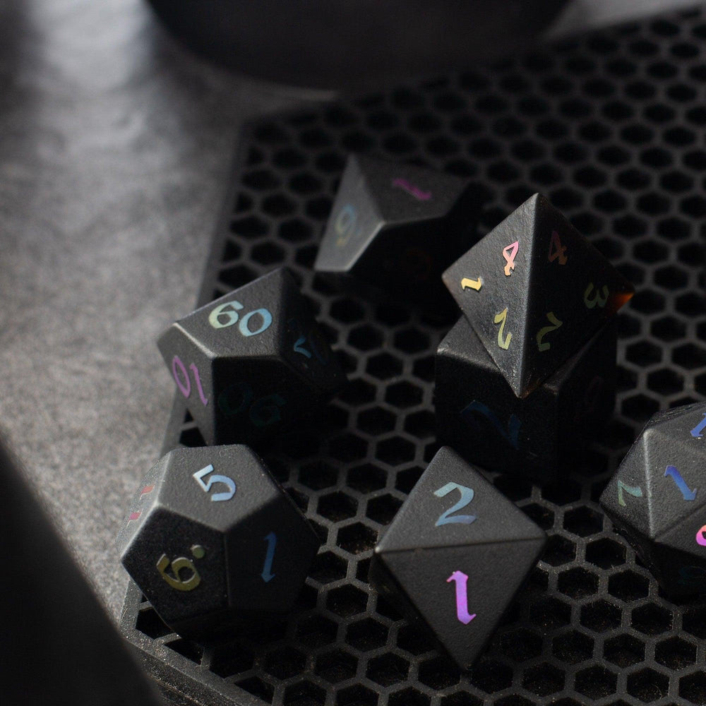 Inked Black Night Raised Obsidian Hand Carved Dice DND Set (ONLINE ORDER ONLY)