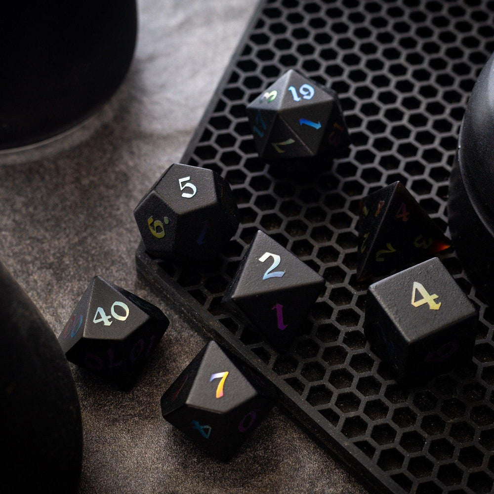 Inked Black Night Raised Obsidian Hand Carved Dice DND Set (ONLINE ORDER ONLY)