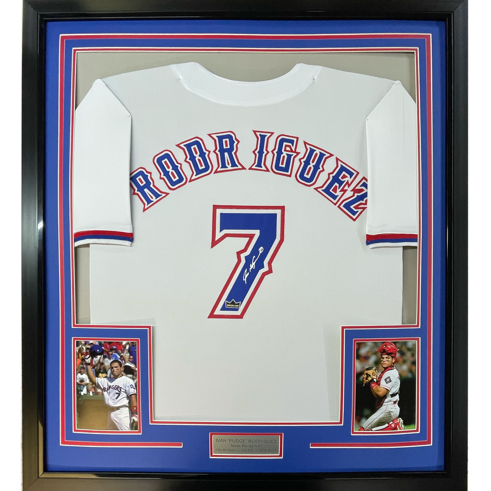 Framed Facsimile Autographed Ivan Rodriguez Pudge 35x39 Texas White Reprint Laser Auto Baseball Jersey (ONLINE ORDER ONLY)