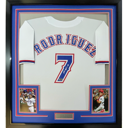 Framed Facsimile Autographed Ivan Rodriguez Pudge 35x39 Texas White Reprint Laser Auto Baseball Jersey (ONLINE ORDER ONLY)