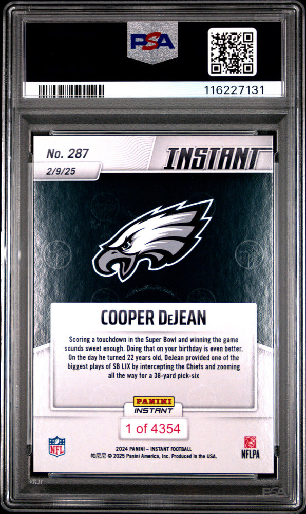 Graded 2024 Panini Instant NFL Cooper DeJean #287 Rookie RC Football Card PSA 10 Gem Mint (ONLINE ORDER ONLY)