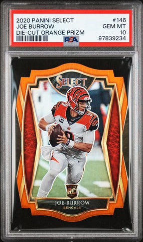 Graded 2020 Panini Select Joe Burrow #146 Die-Cut Orange Prizm Rookie RC Football Card PSA 10 Gem Mint (ONLINE ORDER ONLY)