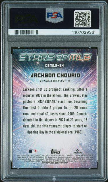 Graded 2024 Topps Stars of MLB Chrome Jackson Chourio #CSMLB84 Rookie RC Baseball Card PSA 10 Gem Mint (ONLINE ORDER ONLY)