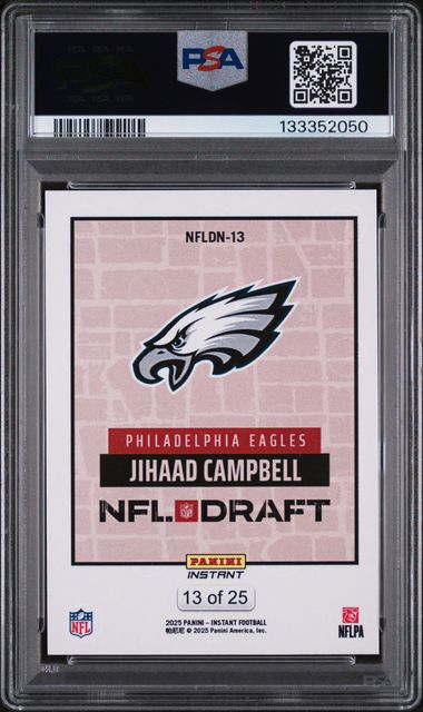 Graded 2025 Panini Instant Jihaad Campbell #NFLDN13 /25 Draft Night Beige Rookie RC Football Card PSA 10 Gem Mint (ONLINE ORDER ONLY)