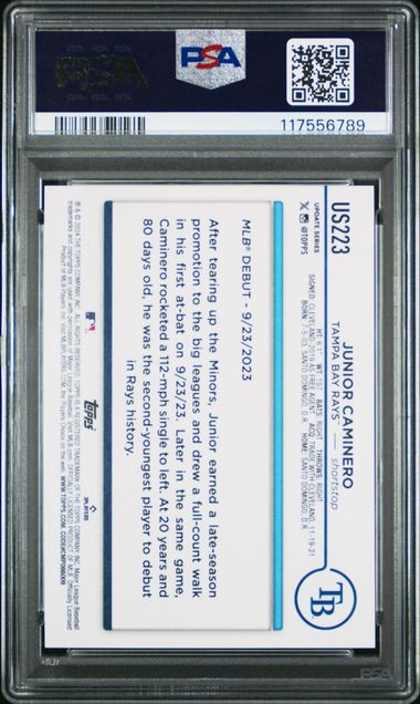 Graded 2024 Topps Update Junior Caminero #US223 Royal Blue Rookie RC Baseball Card PSA 10 Gem Mint (ONLINE ORDER ONLY)