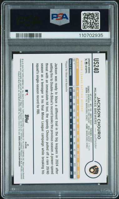 Graded 2024 Topps Update Jackson Chourio #US240 Rookie RC Baseball Card PSA 10 Gem Mint (ONLINE ORDER ONLY)