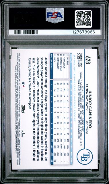 Graded 2024 Topps Junior Caminero #628 Rookie RC Baseball Card PSA 10 Gem Mint (ONLINE ORDER ONLY)