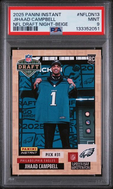 Graded 2025 Panini Instant Draft Night Beige Jihaad Campbell #NFLDN13 /25 Rookie RC Football Card PSA 9 Mint (ONLINE ORDER ONLY)