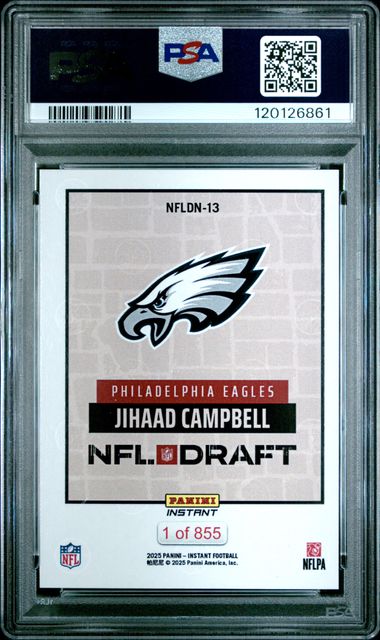 Graded 2025 Panini Instant Jihaad Campbell #NFLDN13 Draft Night Rookie RC Football Card PSA 10 Gem Mint (ONLINE ORDER ONLY)