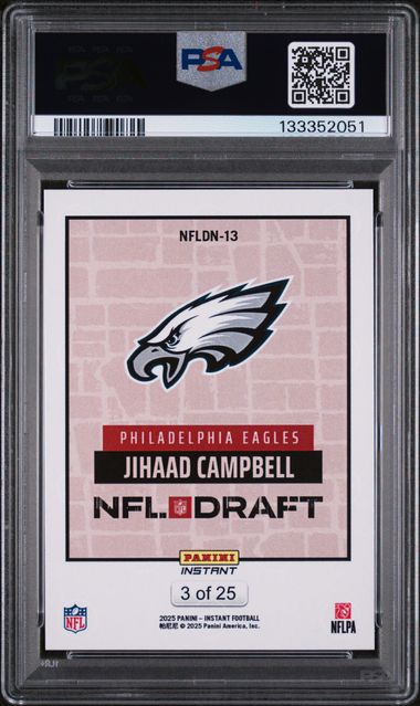Graded 2025 Panini Instant Draft Night Beige Jihaad Campbell #NFLDN13 /25 Rookie RC Football Card PSA 9 Mint (ONLINE ORDER ONLY)