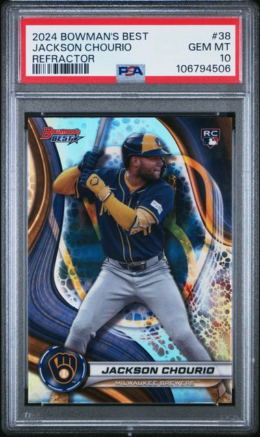 Graded 2024 Topps Bowmans Best Refractor Jackson Chourio #38 Refractor Rookie RC Baseball Card PSA 10 Gem Mint (ONLINE ORDER ONLY)