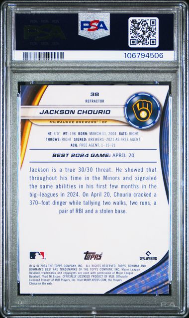 Graded 2024 Topps Bowmans Best Refractor Jackson Chourio #38 Refractor Rookie RC Baseball Card PSA 10 Gem Mint (ONLINE ORDER ONLY)