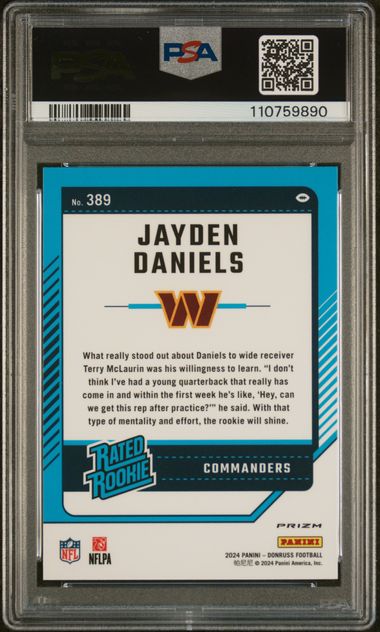 Graded 2024 Panini Donruss Optic Preview Pink Jayden Daniels #389 Rookie RC Football Card PSA 10 Gem Mint (ONLINE ORDER ONLY)