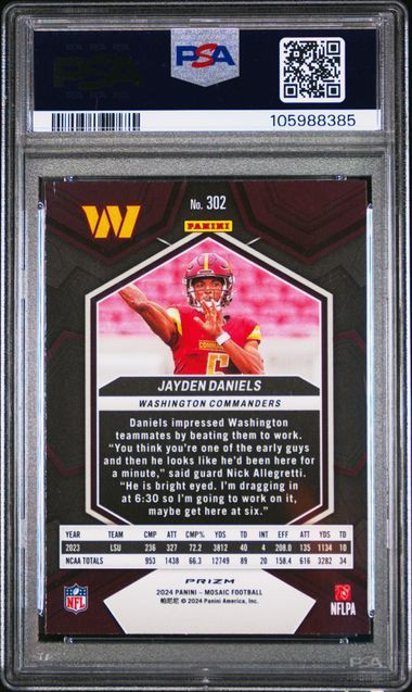Graded 2024 Mosaic Silver Mosaic Jayden Daniels #302 Rookie RC Football Card PSA 9 Mint (ONLINE ORDER ONLY)