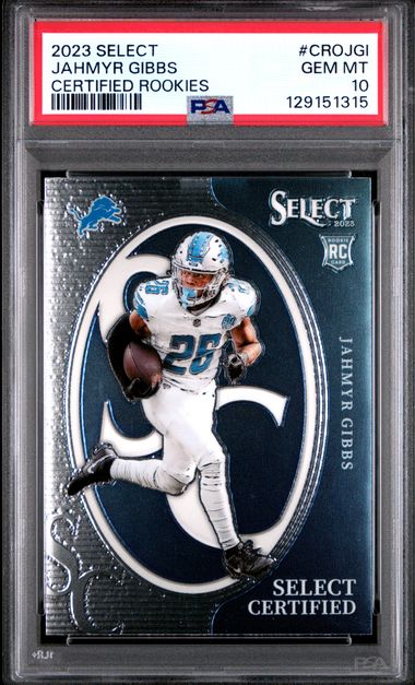 Graded 2023 Panini Select Jahmyr Gibbs #CROJGI Certified Rookies Rookie RC Football Card PSA 10 Gem Mint (ONLINE ORDER ONLY)