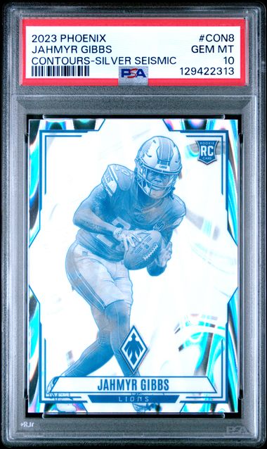 Graded 2023 Panini Phoenix Jahmyr Gibbs #CON8 Contours Silver Seismic Rookie RC Football Card PSA 10 Gem Mint (ONLINE ORDER ONLY)