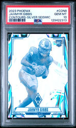 Graded 2023 Panini Phoenix Jahmyr Gibbs #CON8 Contours Silver Seismic Rookie RC Football Card PSA 10 Gem Mint (ONLINE ORDER ONLY)