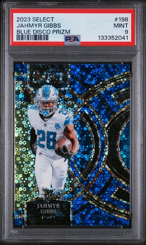 Graded 2023 Panini Select Jahmyr Gibbs #198 1/25 Blue Disco Prizm Rookie RC Football Card PSA 9 Mint (ONLINE ORDER ONLY)