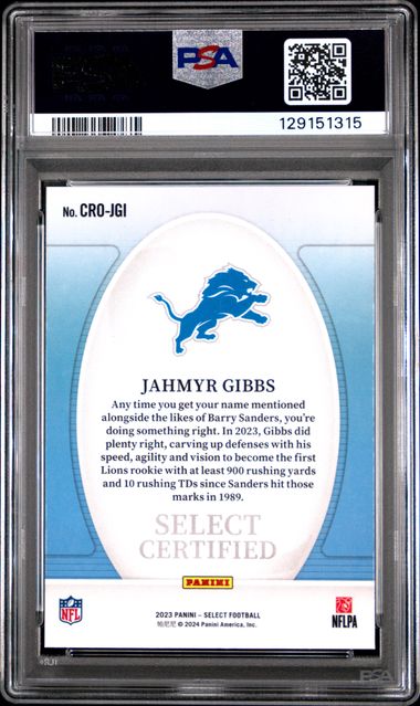 Graded 2023 Panini Select Jahmyr Gibbs #CROJGI Certified Rookies Rookie RC Football Card PSA 10 Gem Mint (ONLINE ORDER ONLY)