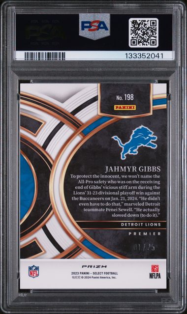 Graded 2023 Panini Select Jahmyr Gibbs #198 1/25 Blue Disco Prizm Rookie RC Football Card PSA 9 Mint (ONLINE ORDER ONLY)