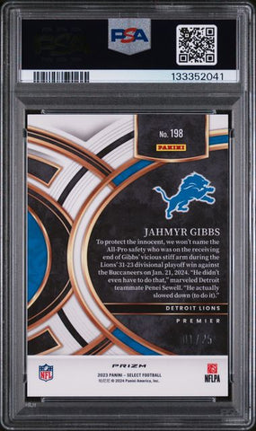 Graded 2023 Panini Select Jahmyr Gibbs #198 1/25 Blue Disco Prizm Rookie RC Football Card PSA 9 Mint (ONLINE ORDER ONLY)